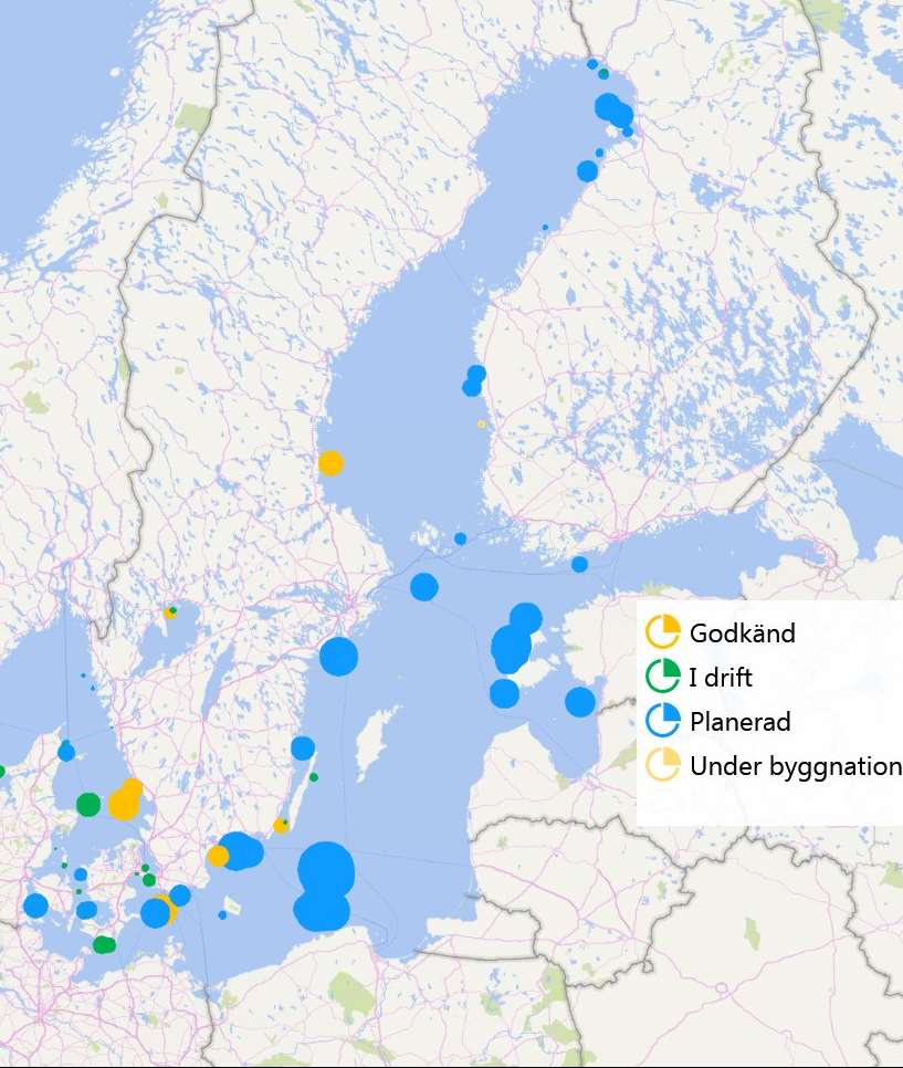 Figur 14: Havsbaserad vindkraft i Östersjön Källa: 4C offshore 21 databas, Sweco analys För Sveriges del är Östersjön och Kattegatt de vatten som främst är aktuellt att bygga havsbaserad vindkraft i.