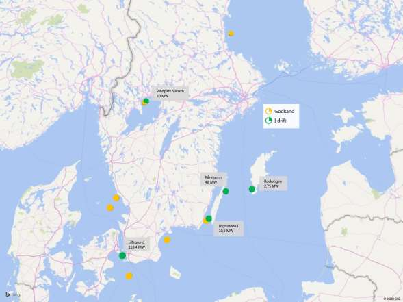 Figur 15: Karta som visar svenska drifttagna respektive tillståndsgivna projekt Källa: 4C offshore 21 databas, Sweco analys De fem svenska havsbaserade vindkraftsparkerna som idag är i drift har