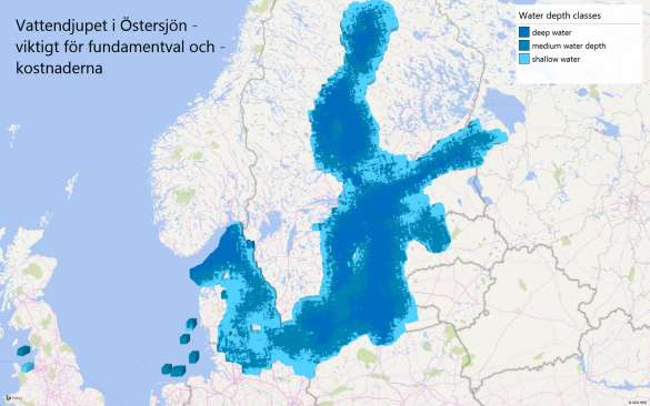 Figur 48: Vattendjup per kategori i Östersjön Källa: Sweco OffshoreWindCostimator Endast ungefär halva Östersjön har vattendjup upp till 50 m och är därmed lämpad för havsbottenförankrade fundament,
