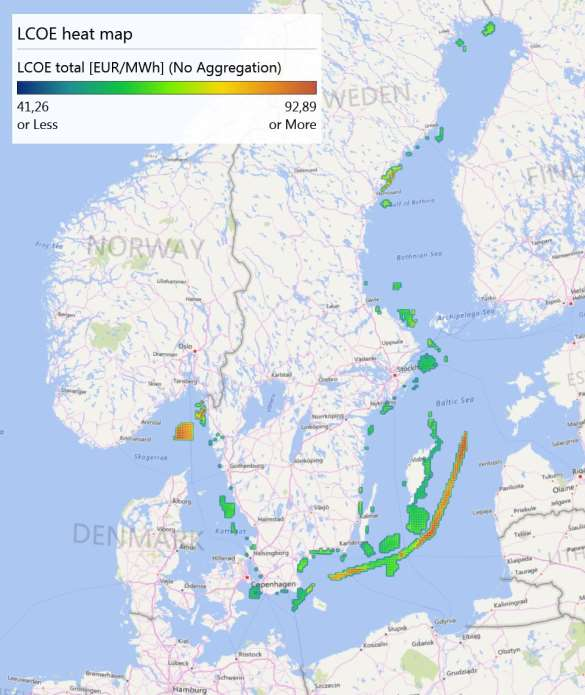 Figur 54: Områden som inte är lämpliga för havsbaserad vindkraft (LCOE värden för huvudteknikutvecklingsscenario 2025, 6% WACC Källa: Sweco OffshoreWindCostimator Figur 55 visar en LCOE heatmap för