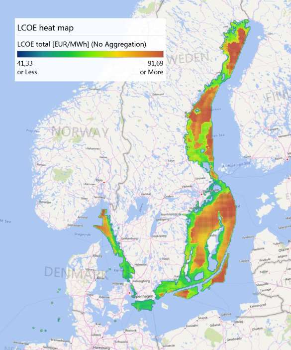 Figur 55: LCOE värmekarta för havsbaserad vindkraft 2025, huvudteknikutvecklingsscenario och endast lämpliga områden Källa: Sweco OffshoreWindCostimator En större svensk utbyggnad skulle visserligen