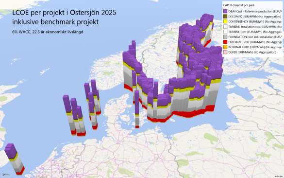 Figur 64 illustrerar de olika kostnadselement för LCOE och samtliga undersökta siter eller typprojekt. Den detaljerade kostnadsuppställningen, både CAPEX och LCOE, framgår av Excel-underlaget.