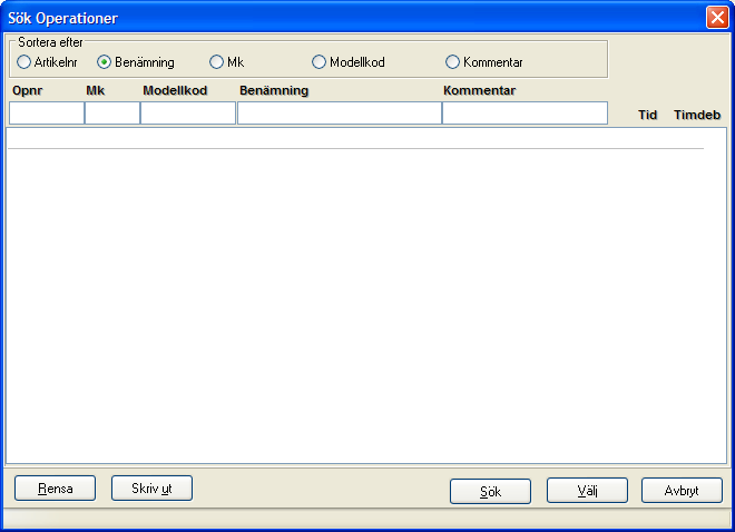 Genom att t ex HJ* anges i fältet Benämning, söks endast de operationer som har HJ först i namnet, t ex hjul. På samma sätt är det med Artikel/operationsnummer, Mk och Modellkod.