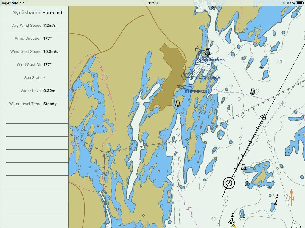 Sjöfartsverkets väderstation i Nynäshamn ger oss information om väder och vind i realtid som presenteras på ett utmärkt sätt i Seapilot samtidigt som man navigerar.
