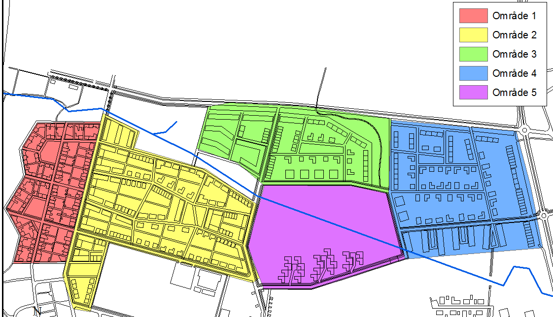Figur 23. Norra Borstahusen uppdelat i fem mindre områden. Den generella lutningen för varje område visas med svarta pilar.