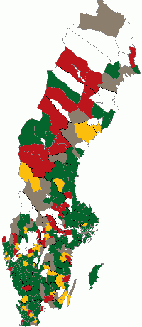 Sveriges 290 kommuner 143 har infört LOV (grön) 36 ska införa LOV (gul) 41 kommuner ska inte införa LOV (röd) 70 kommuner har inte fattat beslut än (grå + vit)