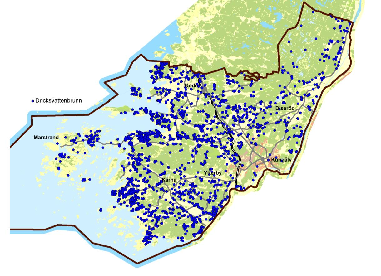 Figur 14. Dricksvattenbrunnar i Kungälvs kommun enligt SGUs brunnsarkiv (SGU (C), 2016) Enligt huvudregeln i miljöbalkens 11 kap. krävs det tillstånd för uttag av yt- eller grundvatten.