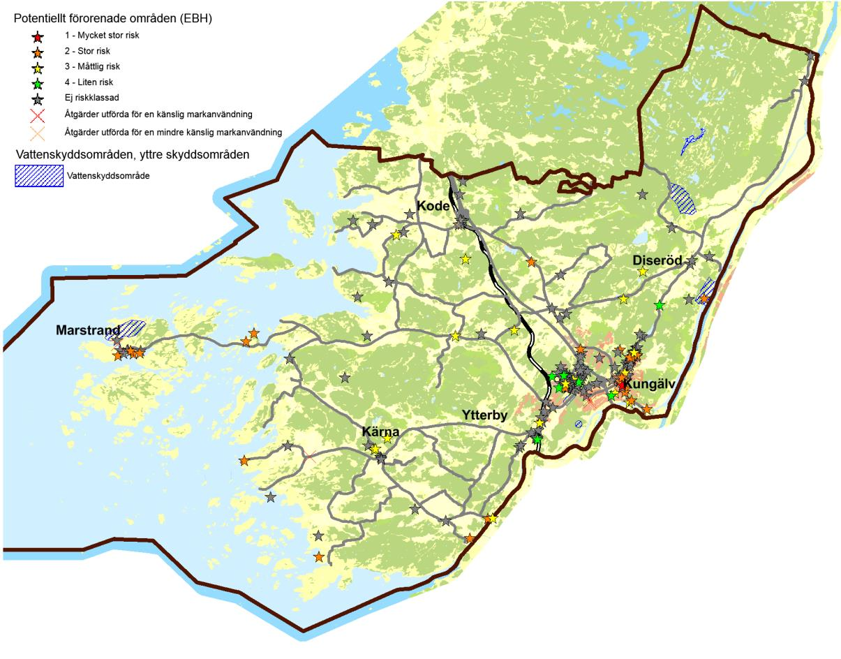 Figur 22. Potentiellt förorenade områden i Kungälvs kommun 2016-01-12 enligt EBH-stödet 6.5.