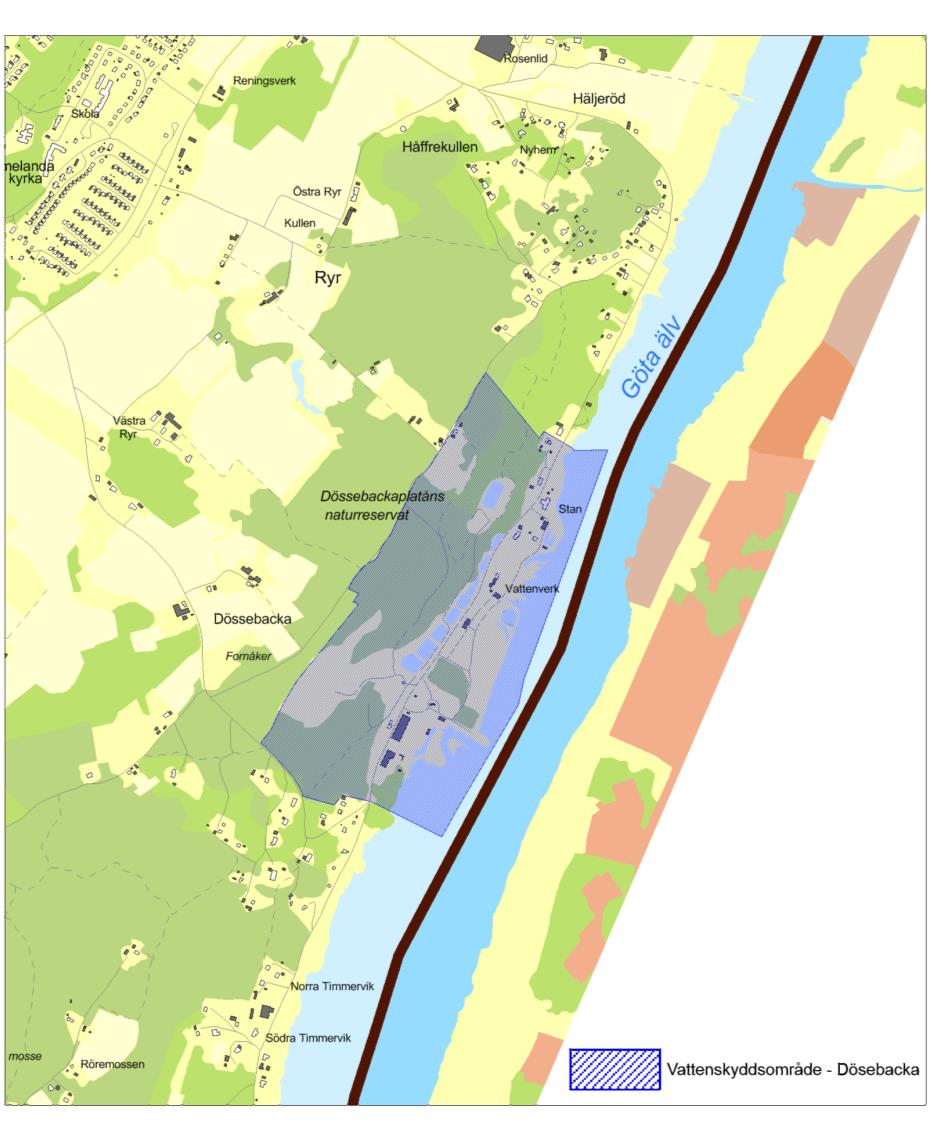 7.6.2 Dösebacka vattenskyddsområde Dösebacka har idag ett vattenskyddsområde som inrättades och fastställdes av länsstyrelsen 1992 (Länsstyrelsen (B), 1992).