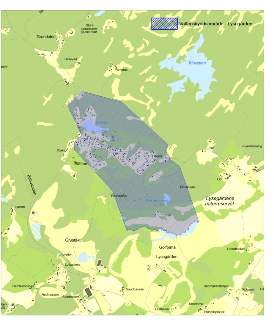 7.6.3 Lysegården vattenskyddsområde Lysegården har idag ett vattenskyddsområde som inrättades och beslutades av länsstyrelsen 1992 (Länsstyrelsen (A), 1992).