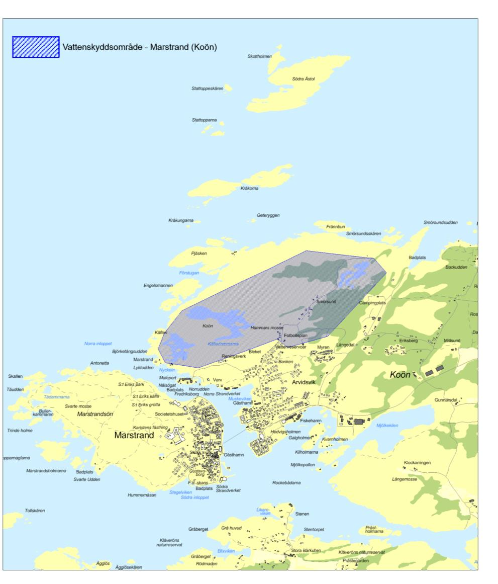 7.6.4 Marstrands vattenskyddsområde Marstrand har idag ett vattenskyddsområde som inrättades och beslutades av länsstyrelsen 1991 (Länsstyrelsen, 1991).