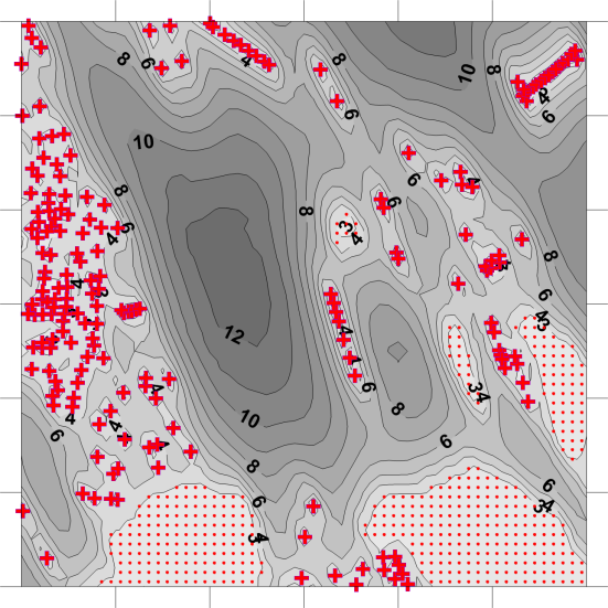 A B Figur 5 Standardavvikelse (meter över havet) från kriging-interpolationen. A visar standardavvikelse från interpolation med sonderingar till berg (röda kors) och ytnära berg (punkter i kluster).