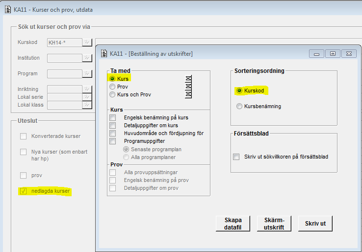 Carina Ytterström 2012-12-03 43 (79) 4.1.2 Layout 4.1.2.1 Utskrift med default begränsning (nedlagda kurser), välj ta med kurs och utan tillval.