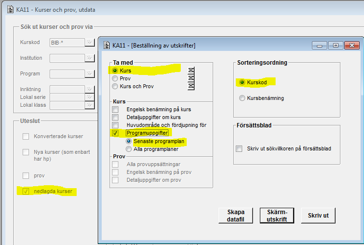 Carina Ytterström 2012-12-03 47 (79) 4.1.2.5 Utskrift med default begränsning (nedlagda kurser), välj ta med kurs och gör följande tillval: o Programuppgifter, program med kursregistrering (select * from utc.