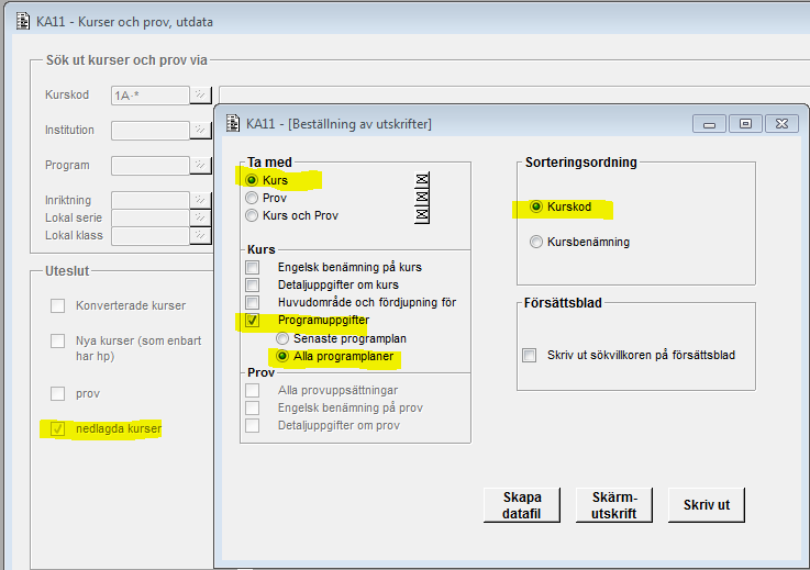 Carina Ytterström 2012-12-03 48 (79) 4.1.2.6 Utskrift med default begränsning (nedlagda kurser), välj ta med kurs och gör följande tillval: o Programuppgifter, program med terminsregistrering (select * from utc.