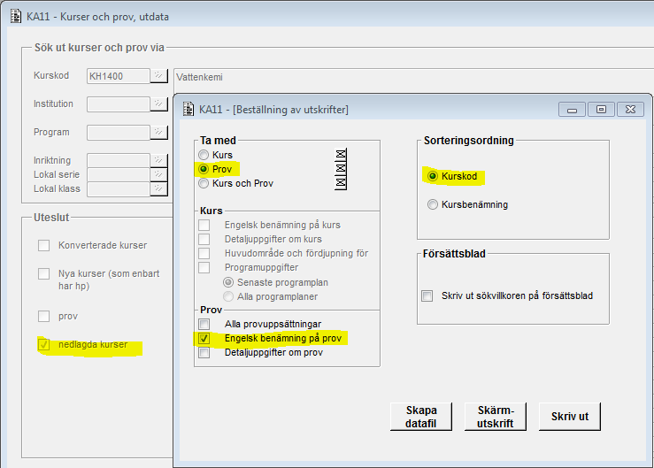 Carina Ytterström 2012-12-03 51 (79) 4.1.2.9 Utskrift med default begränsning (nedlagda kurser), välj ta med Prov och gör följande tillval: o Engelsk benämning på prov.