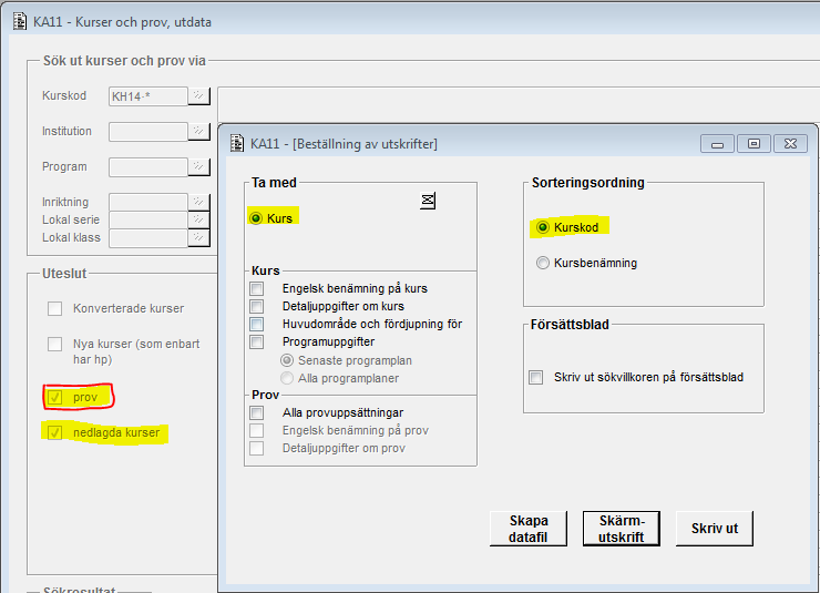 Carina Ytterström 2012-12-03 55 (79) 4.1.2.13 Utskrift med begränsning (nedlagda kurser,prov), utan tillval o Sorteringsordning = kurskod (om sorteringsordning=kursbenämning ska ändå layouten vara densamma.