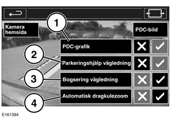 Begränsningslinje för öppning av baklucka: Backa inte bortom den här punkten om bakluckan ska kunna öppnas. Tryck på den här programtangenten för att visa en bredare backkameravy.