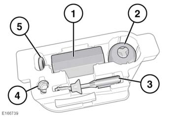 Däckreparationssats DÄCKREPARATIONSSATS 3. Återställningsverktyg. Se sidan 215, PASSIVT DIESELFELTANKNINGSSKYDD 4. Låsmutteradapter. 5. Bogserögla.