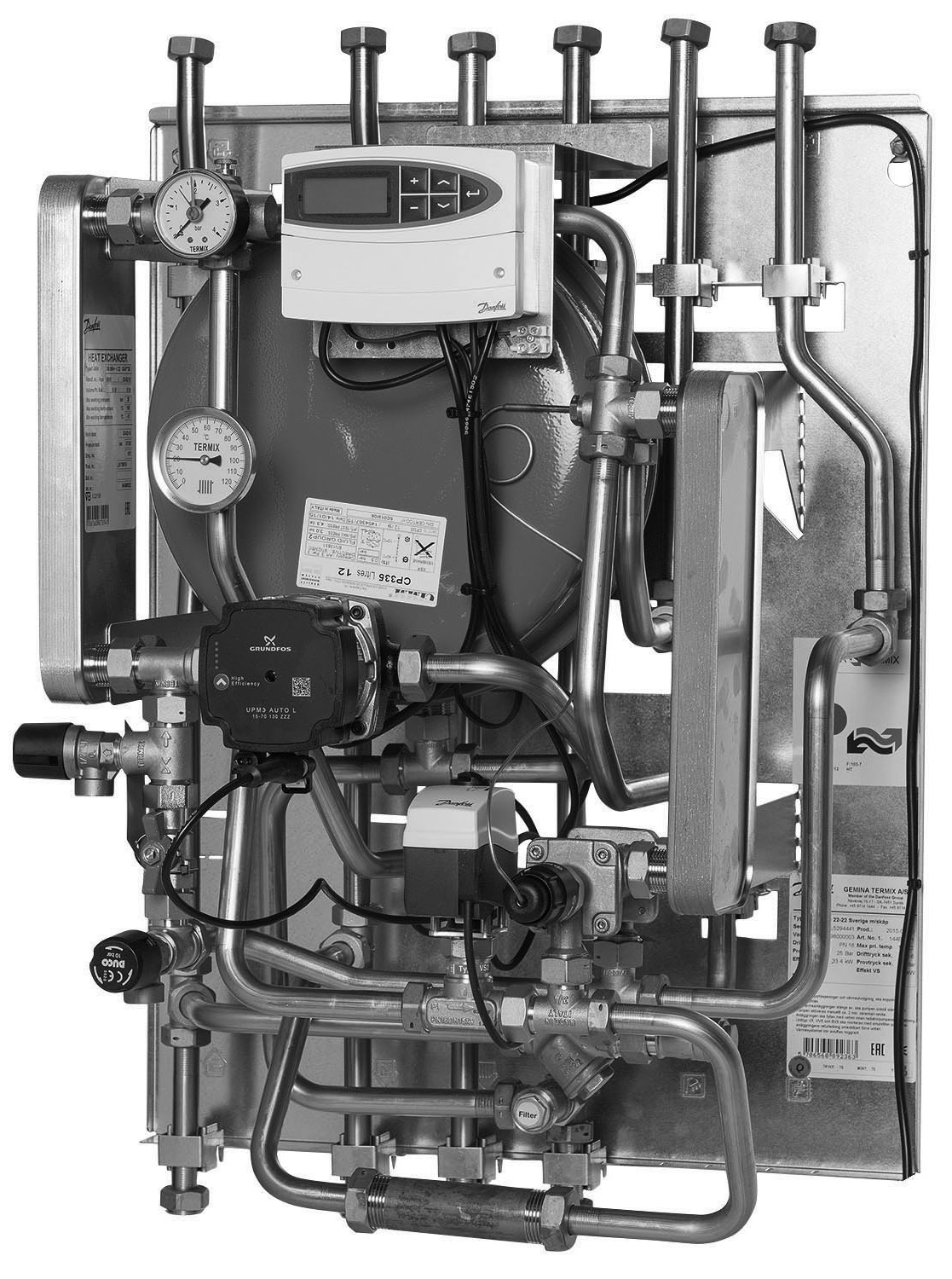 Anläggningens funktioner Avluftare Manometer Reglercentral Värmeväxlare Expansionskärl Termometer till radiator Varmvattenväxlare Pump, värme Säkerhetsventil, värme Reglerventil värme Reglerventil,