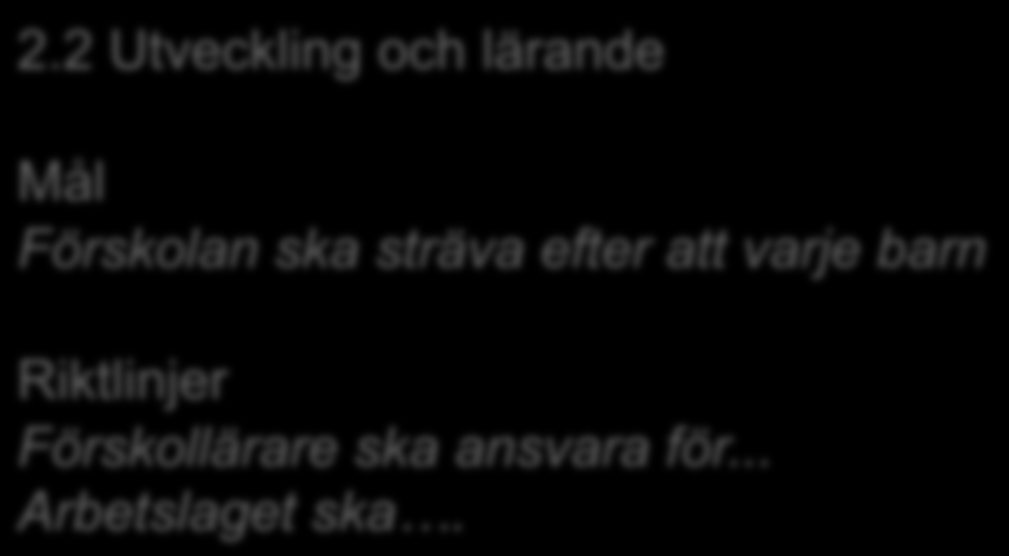 Struktur förskola 1. Förskolans värdegrund och uppdrag 2. Mål och riktlinjer 2.1 Normer och värden 2.2 Utveckling och lärande 2.3 Barns inflytande 2.4 Förskola och hem 2.