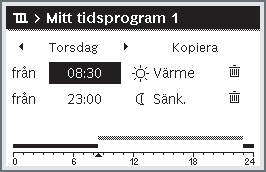 Reglercentralen arbetar i automatisk drift med det valda tidsprogrammet (när två eller fler värmekretsar är installerade gäller inställningen endast den valda värmekretsen). 6 720 809 473-17.1O Tab.