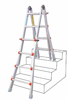 Multistge, använd den som fristående stege, anliggande stege eller stege som kan stå i trappor. Nivåutjämnarben finns som extra tillbehör, se sidan 23.