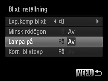 Ändra inställningar för fotograferingsfunktionerna Inaktivera funktionen för minskning av röda ögon Lampan för minskning av röda ögon tänds för att minska den effekt av röda ögon som uppträder när