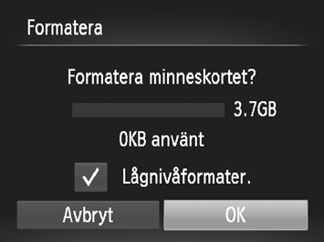 Lågnivåformatering av minneskort Utför en lågnivåformatering om meddelandet [Fel på minneskortet] visas, kameran inte fungerar som den ska eller om du tycker att minneskortets