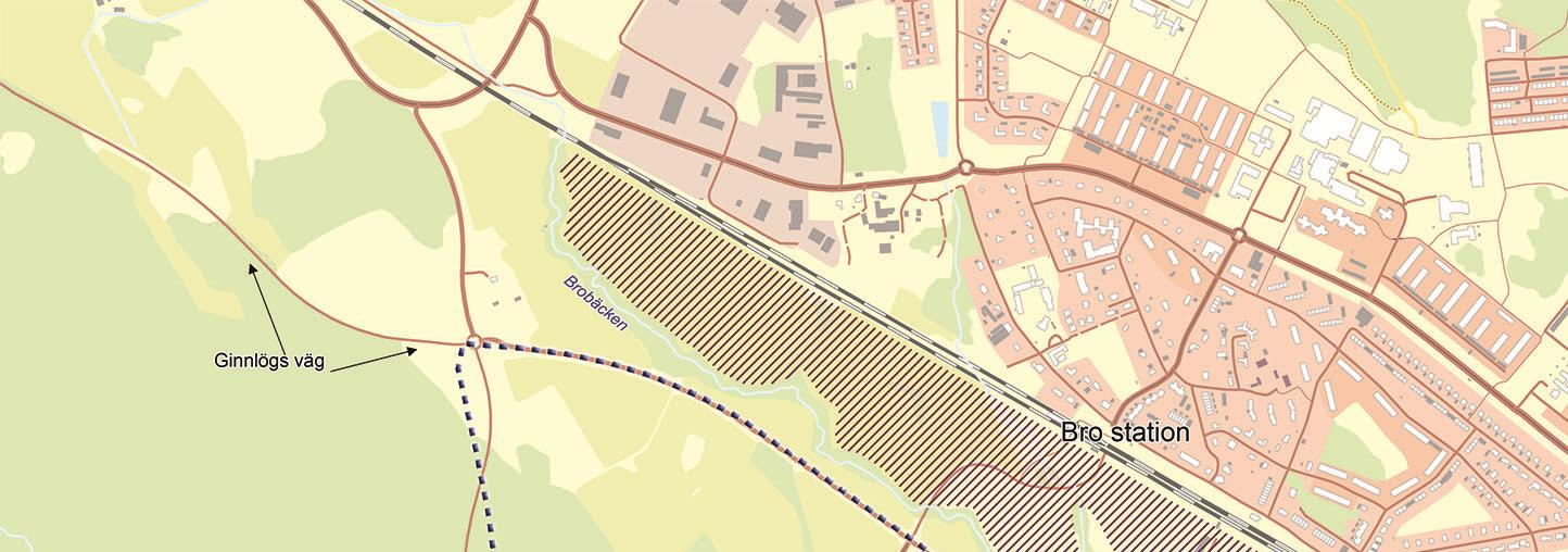 Figur 2 Karta över området närmast planområdet. 4 Riksintresse för kulturmiljövården Planområdet gränsar till område av riksintresse för kulturmiljövården, Bro [AB33] Bro socken.