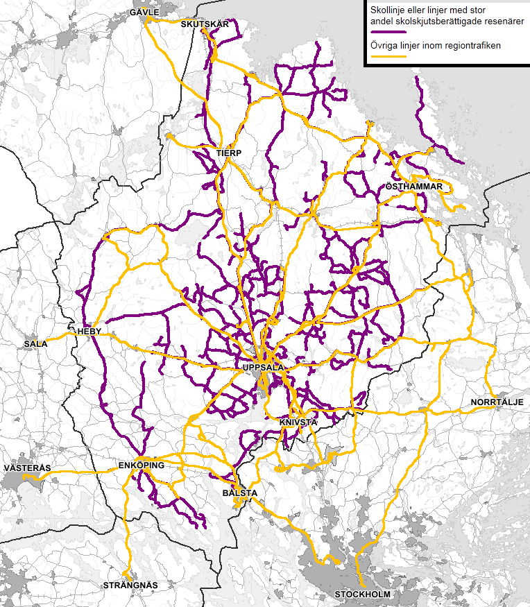 Kollektivtrafikens effektivitet Figur 10 Linjer inom regiontrafiken; skollinjer och andra linjer med en stor andel skolskjutsberättigade elever som resenärer.