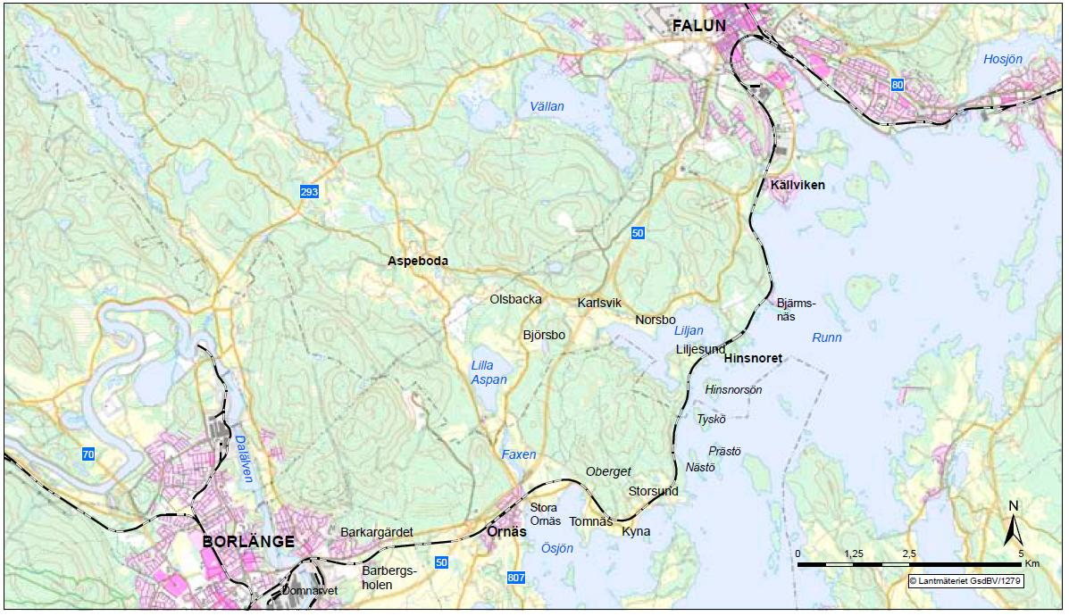 Falun Borlänge Bakgrund Två mötesstationer tre enkelspåriga stationssträckor Falun Hinsnoret Sträcka: 8 km Gångtid: 6/6/6 min (fjärr-/regional-/ godståg) Hinsnoret - Ornäs Sträcka: 8 km Gångtid: