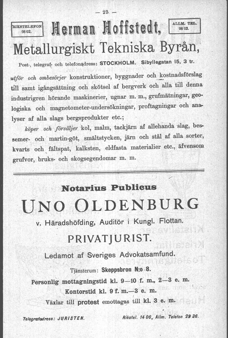 , Ii'11111.11\1,' - 23 - mrq)fi$t,'dt~ Metallurgiskt Tekniska Byrån,' Post-, telegra~7 och telefonlldress: STOC.KHOLM. Sibylle,gatan 15, 3 tro., '.