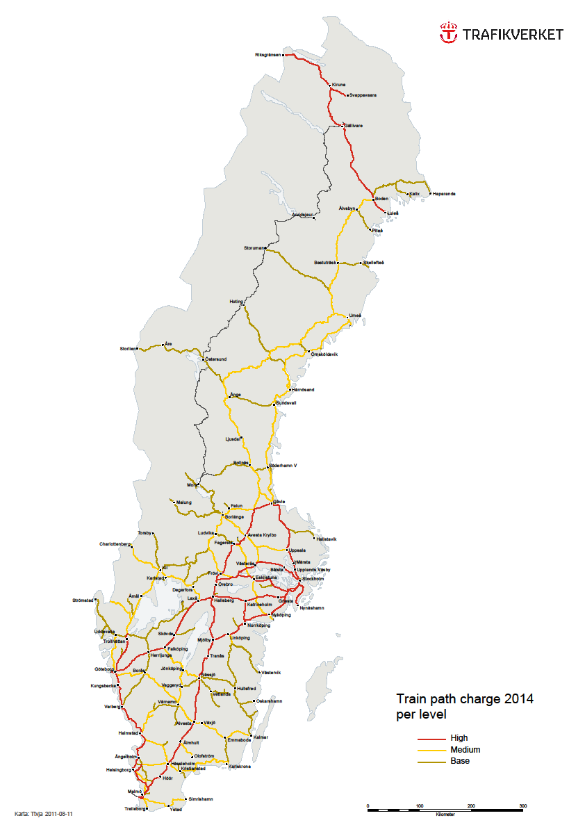 Click on the map for better readability The Swedish Transport Administration is developing a calculator for train