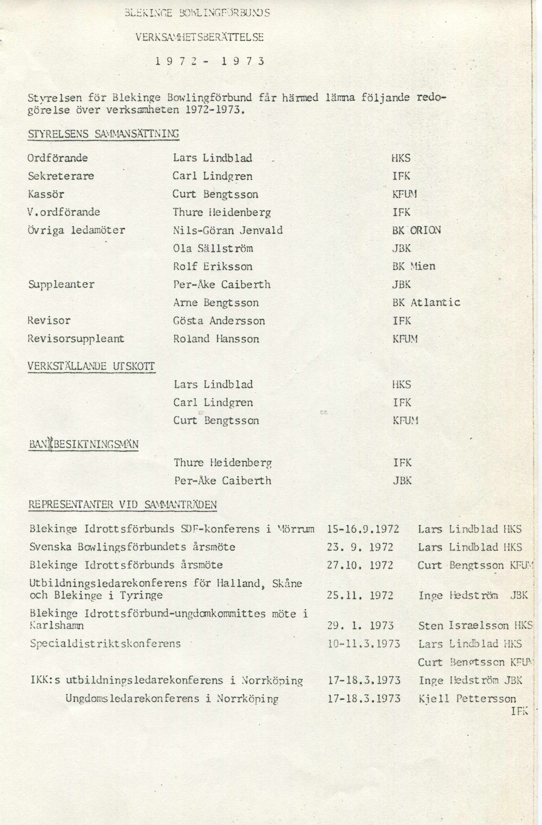 3LHK in ge bckl in g f o r bu s VERKSAMHET SBERÄTTEL SE 1 9 7 2-1 9 7 3 Styrelsen för Blekinge Bowlingförbund får härmed lämna följande redogörelse över verksamheten 1972-1973.