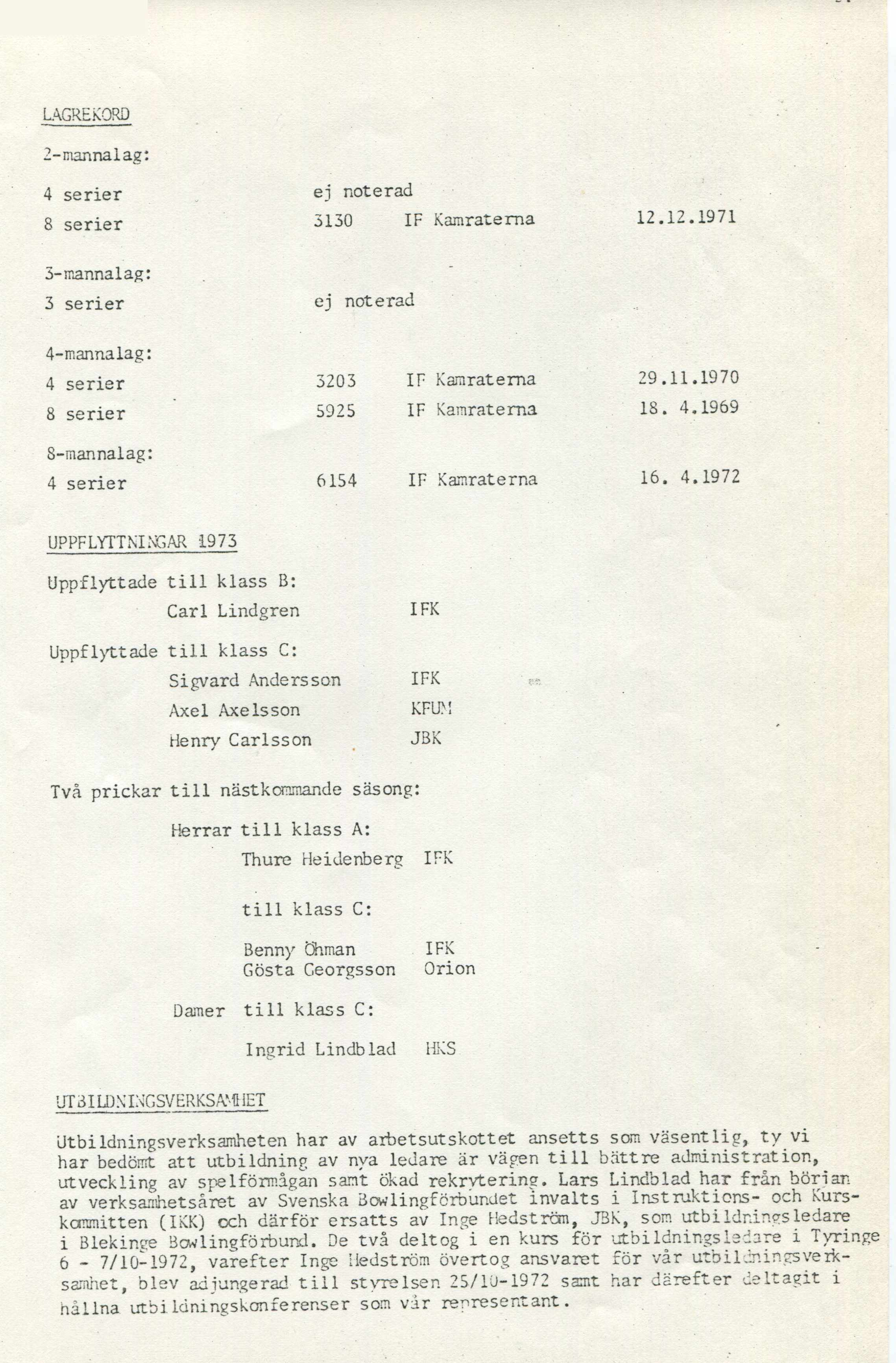 LAGREKORD 2-mannalag: 4 serier 8 serier ej noterad 3130 IF Kamraterna 1 2.1 2.1 9 7 1 3-mannalag: 3 serier ej noterad 4-mannalag: 4 serier 8 serier 3203 IF Kamraterna 3925 IF Kamraterna 2 9.1 1.