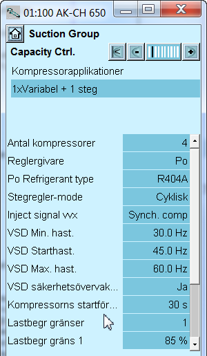 Den visar de möjliga inställningarna för vald anläggningstyp. I vårt exempel väljer vi inställningen: - Sugbörvärde = -15ºC - Nattoffsetvärde = 5 K Inställningarna visas här i displayen.
