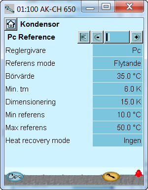 Konfiguration - fortsatt Ställ in reglering av kondensor 1. Gå till Konfigurationsmeny 2. Välj kondensor 3. Ställ in regleringsläge och referens Tryck +-knappen för att gå till nästa sida. 4.