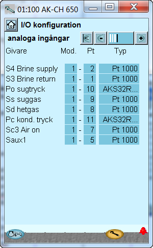 Givare Ingång Modul Punkt Modell Brine returtemp. S3 AI1 1 1 Pt 1000 Brine tilloppstemp. S4 AI2 1 2 Pt 1000 Termostatgivare i maskinrum - Saux1 AI5 1 5 Pt 1000 Utomhustemp.