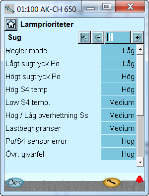 Konfiguration - fortsatt Ställ in larmprioriteringar 1. Gå till Konfigurationsmeny 2. Ställ in Larmprioriteringar 3. Ställ in prioriteringar för Suggrupp Många funktioner har ett larm inkopplat.