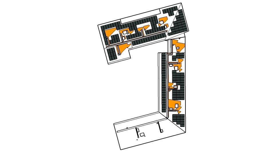 Det som blir bäst är moduler i monokristallint kiesel på 300 W t. Då hamnar totaleffekten på 55,8 kw t samtidigt som alla tillgängliga ytor på norra och östra taket används.