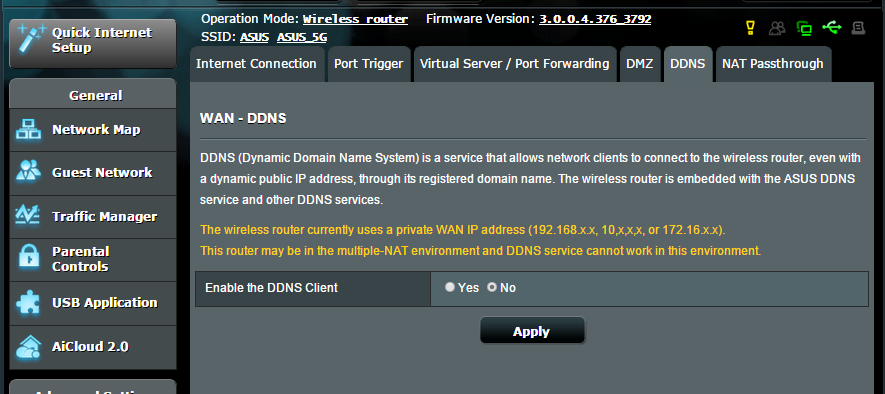 4.3.5 DDNS Inställning av DDNS (Dynamic DNS) ger dig möjlighet att komma åt routern utifrån ditt nätverk genom den tillhandahållna ASUS DDNS-tjänsten eller annan DDNS-tjänst. Ställa in DDNS: 1.