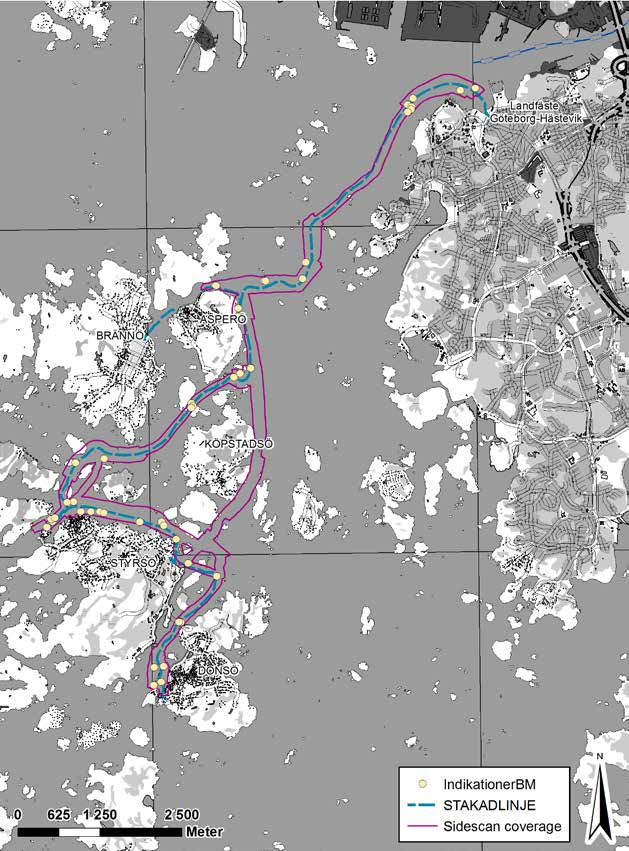 Bilaga 1. Karta över det område som karterats med sidescan sonar med samtliga uttagna sonarindikationer markerade.