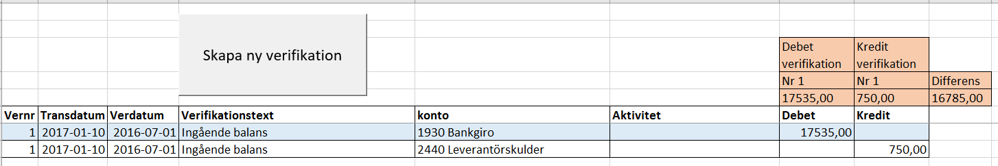 Verifikation nr 1 är låst. Innehållet kan ej ändras. Skapa en ny verifikation. Tryck Skapa ny verifikation. Fyll i uppgifterna i de gula fälten.