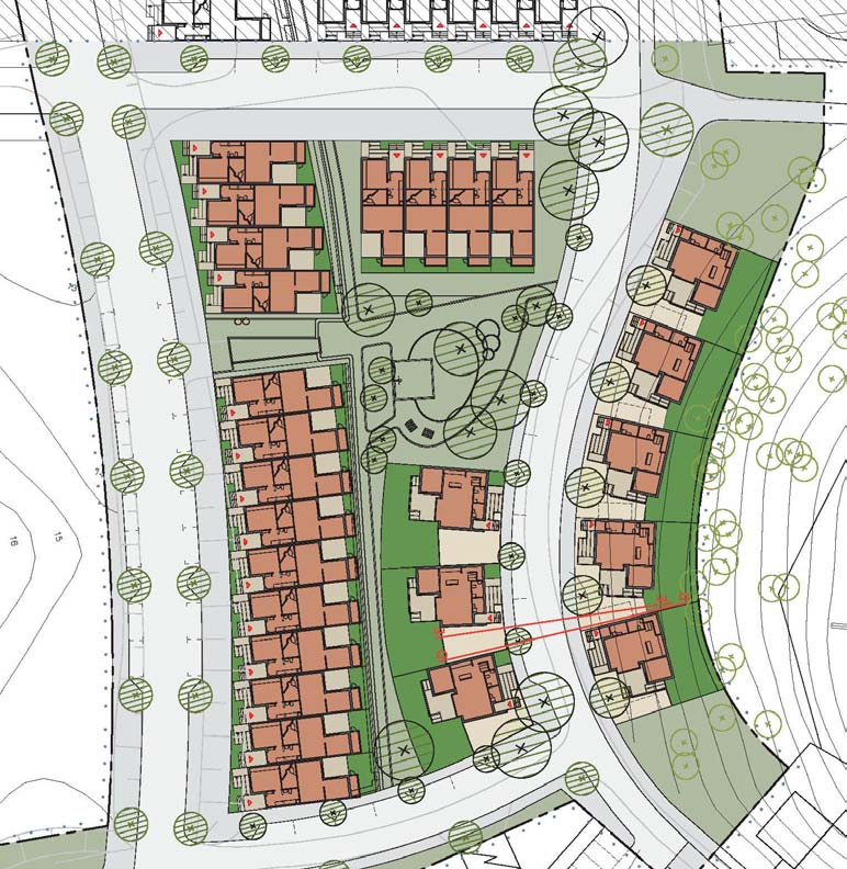 Bebyggelseförslag inom etapp 1 Kvarteret inom etapp 1 ligger direkt norr om radhusbebyggelse som uppförs av Folkhem (maj 2012).
