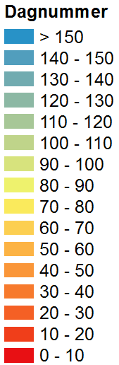 4.7 Vegetationsperiodens starttidpunkt Observerat 1961-1990 Starttidpunkt är första dagen på året i en sammanhängande fyradagarsperiod då dygnsmedeltemperaturen överstiger 5 C.