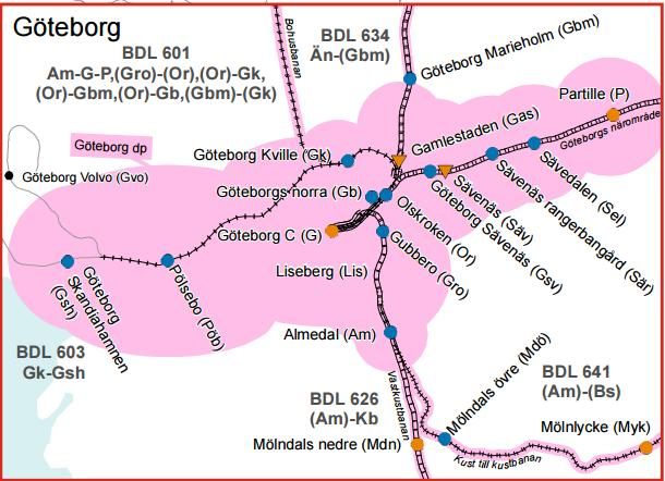 Figur 2: Järnvägsnätet i Göteborgsområdet. Källa: Trafikverket/Lantmäteriet Planerad omledning är i det här sammanhanget omledning som är planerad i förväg.