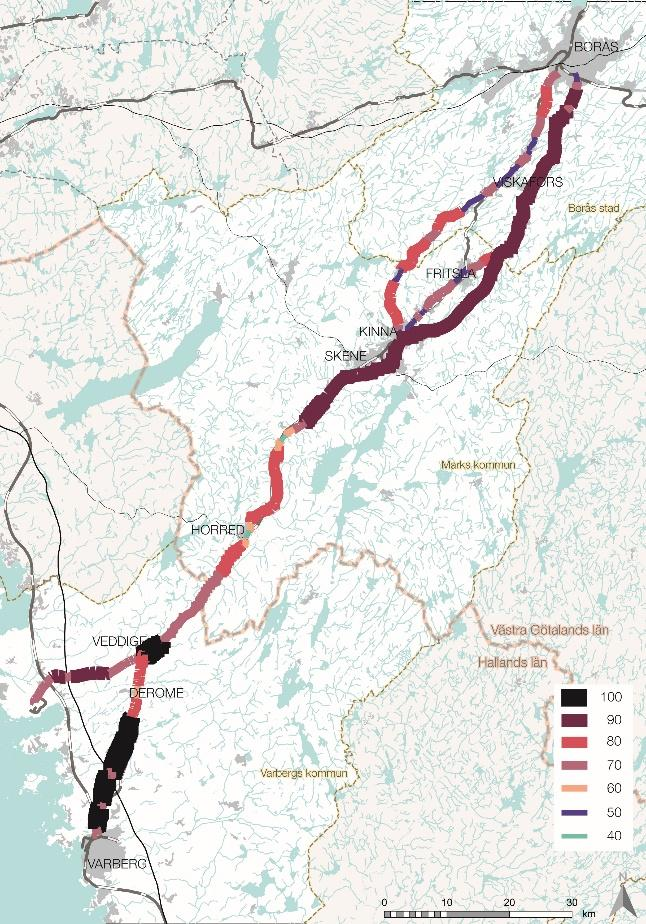 Figur 16 Skyltad hastighet längs väg 41. (Källa: NVDB) Figur 15 Vägbredd längs väg 41. (Källa: NVDB) Ett stort antal anslutningar återfinns längs väg 41, cirka 200 stycken.