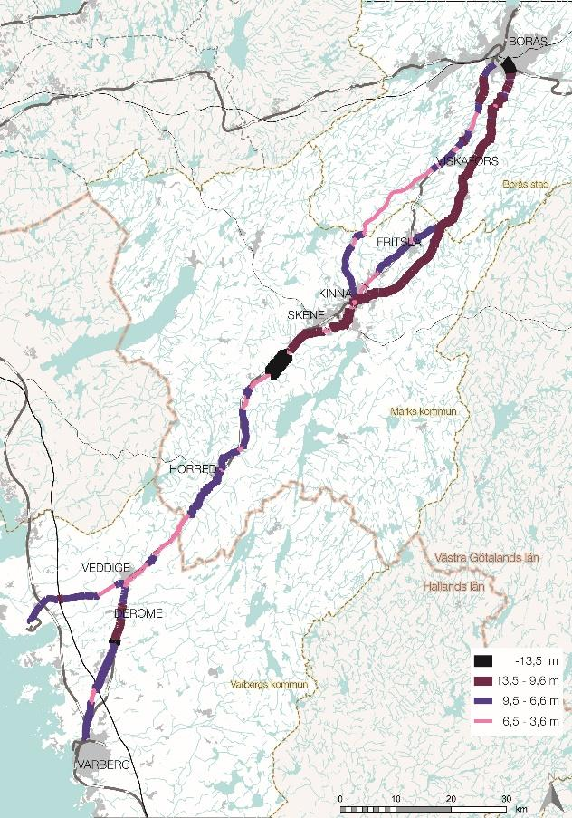 Det finns 11 planskilda vägkorsningar, 1 planskild järnvägskorsning (i Veddige över förbifarten), 50 korsningar i tätort, 10 cirkulationsplatser, 15 korsningar med höger-/vänstersvängsfält samt två