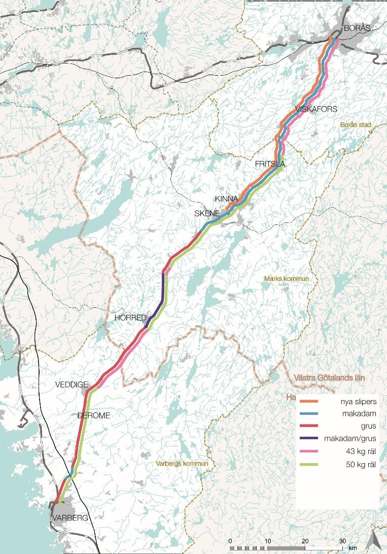 Figur 18: Fördelning ballasttyp och rälskvalitet Längs Viskadalsbanan finns fyra driftsplatser och sju hållplatser där resandeutbyte kan ske samt en linjeplats där resandeutbyte inte sker.